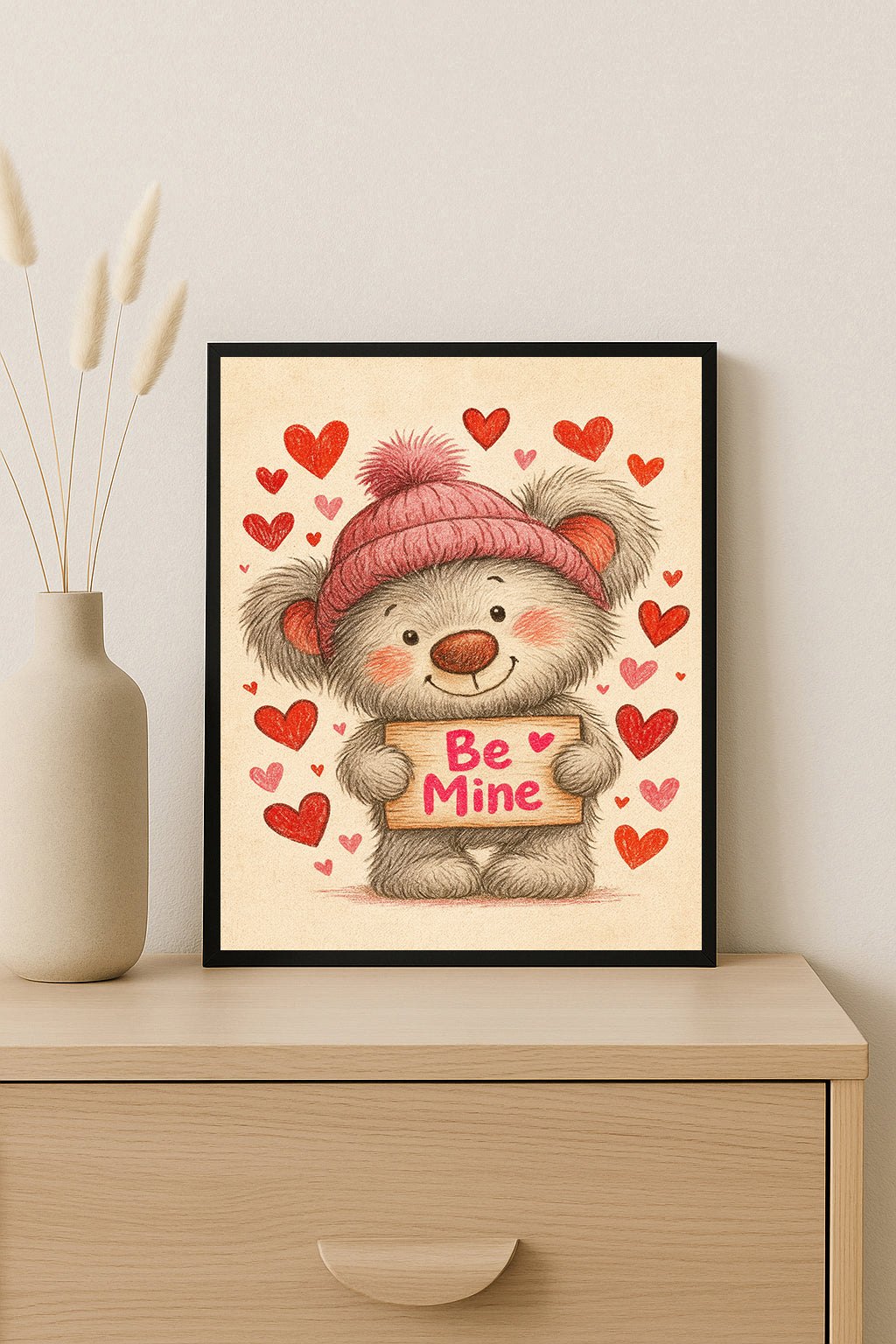 Be Mine Bear Print Cute Valentine’s Day Wall Art Nursery Decor Kawaii Teddy Bear Illustration Kids Room Artwork Love Sign Gift for Her