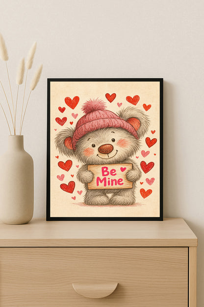 Be Mine Bear Print Cute Valentine’s Day Wall Art Nursery Decor Kawaii Teddy Bear Illustration Kids Room Artwork Love Sign Gift for Her
