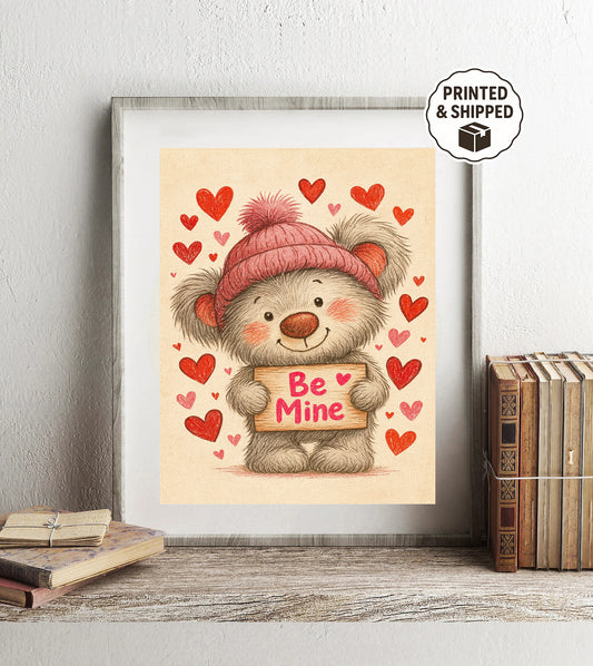 Be Mine Bear Print Cute Valentine’s Day Wall Art Nursery Decor Kawaii Teddy Bear Illustration Kids Room Artwork Love Sign Gift for Her