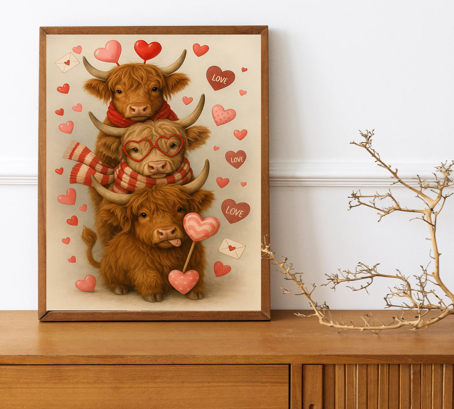 Valentine Highland Cow Wall Art  Cute Highland Cattle Love Print Cow Decor for Kids Room Farmhouse Valentine Gift Nursery Animal Art