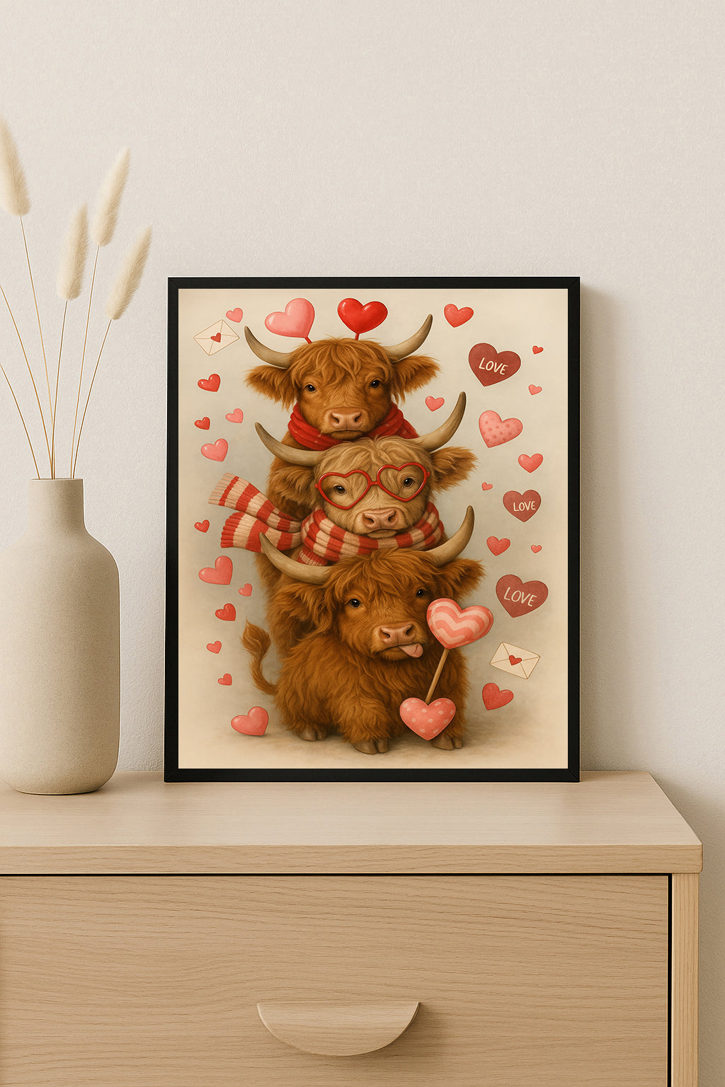Valentine Highland Cow Wall Art  Cute Highland Cattle Love Print Cow Decor for Kids Room Farmhouse Valentine Gift Nursery Animal Art