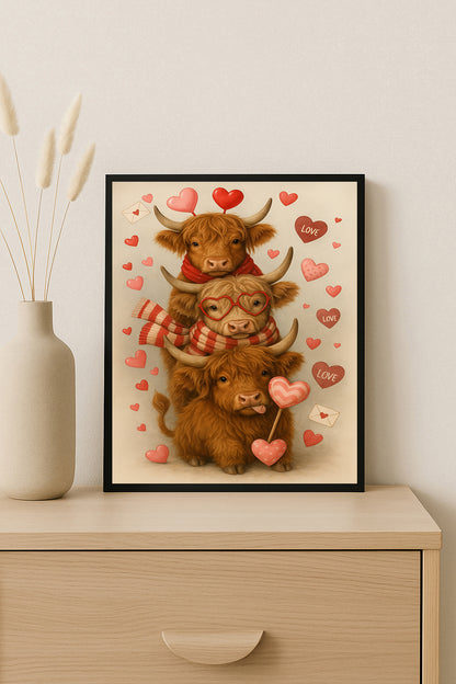 Valentine Highland Cow Wall Art  Cute Highland Cattle Love Print Cow Decor for Kids Room Farmhouse Valentine Gift Nursery Animal Art