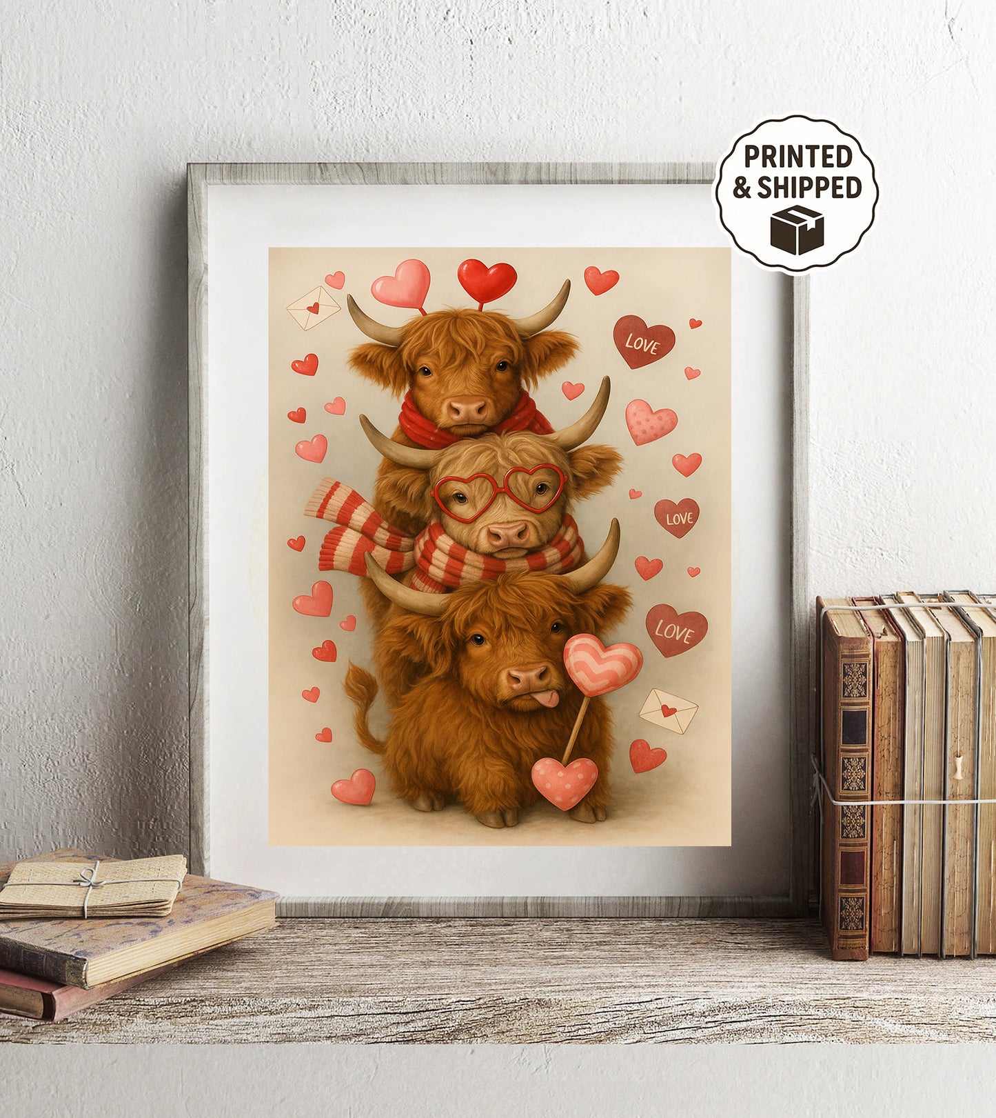 Valentine Highland Cow Wall Art  Cute Highland Cattle Love Print Cow Decor for Kids Room Farmhouse Valentine Gift Nursery Animal Art