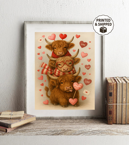 Valentine Highland Cow Wall Art  Cute Highland Cattle Love Print Cow Decor for Kids Room Farmhouse Valentine Gift Nursery Animal Art