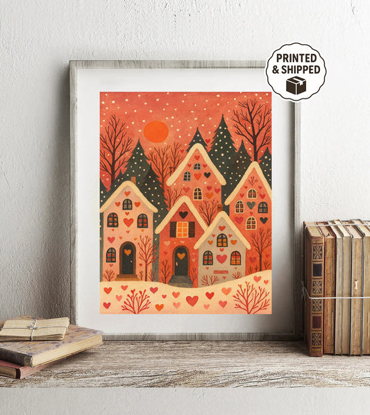 Whimsical Heart Cottage Art Print Cozy Winter Village Wall Decor Valentine’s Day Home Art Romantic Folk House Illustration Holiday Gift