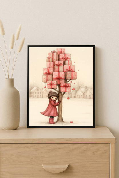 Whimsical Christmas Girl Wall Art Gift Tree Illustration Winter Nursery Decor Holiday Kids Room Print Cozy Scandinavian Christmas Art
