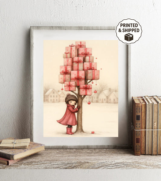 Whimsical Christmas Girl Wall Art Gift Tree Illustration Winter Nursery Decor Holiday Kids Room Print Cozy Scandinavian Christmas Art