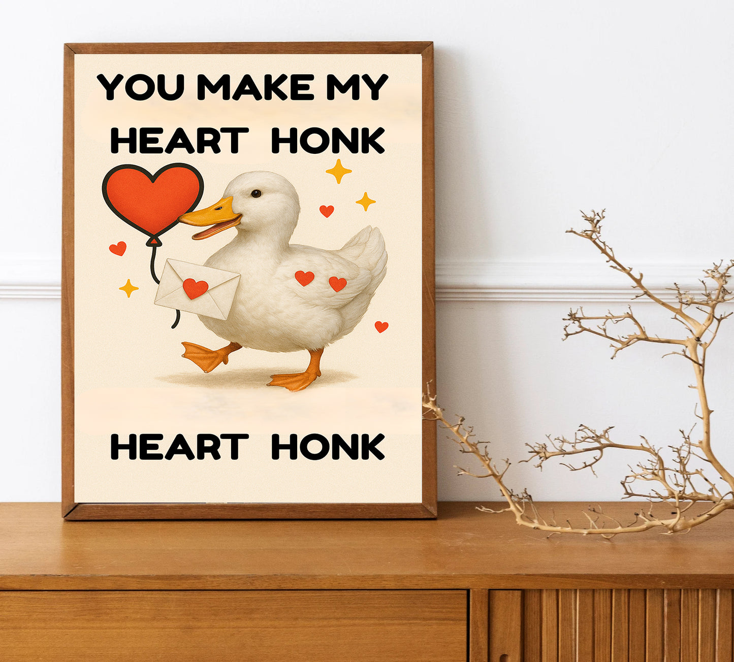 Heart Honk Duck Print  Cute Valentine Pun Art Funny Duck Wall Decor Animal Lover Gift Idea Romantic Cute Quote Poster