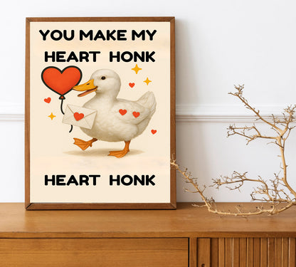 Heart Honk Duck Print  Cute Valentine Pun Art Funny Duck Wall Decor Animal Lover Gift Idea Romantic Cute Quote Poster