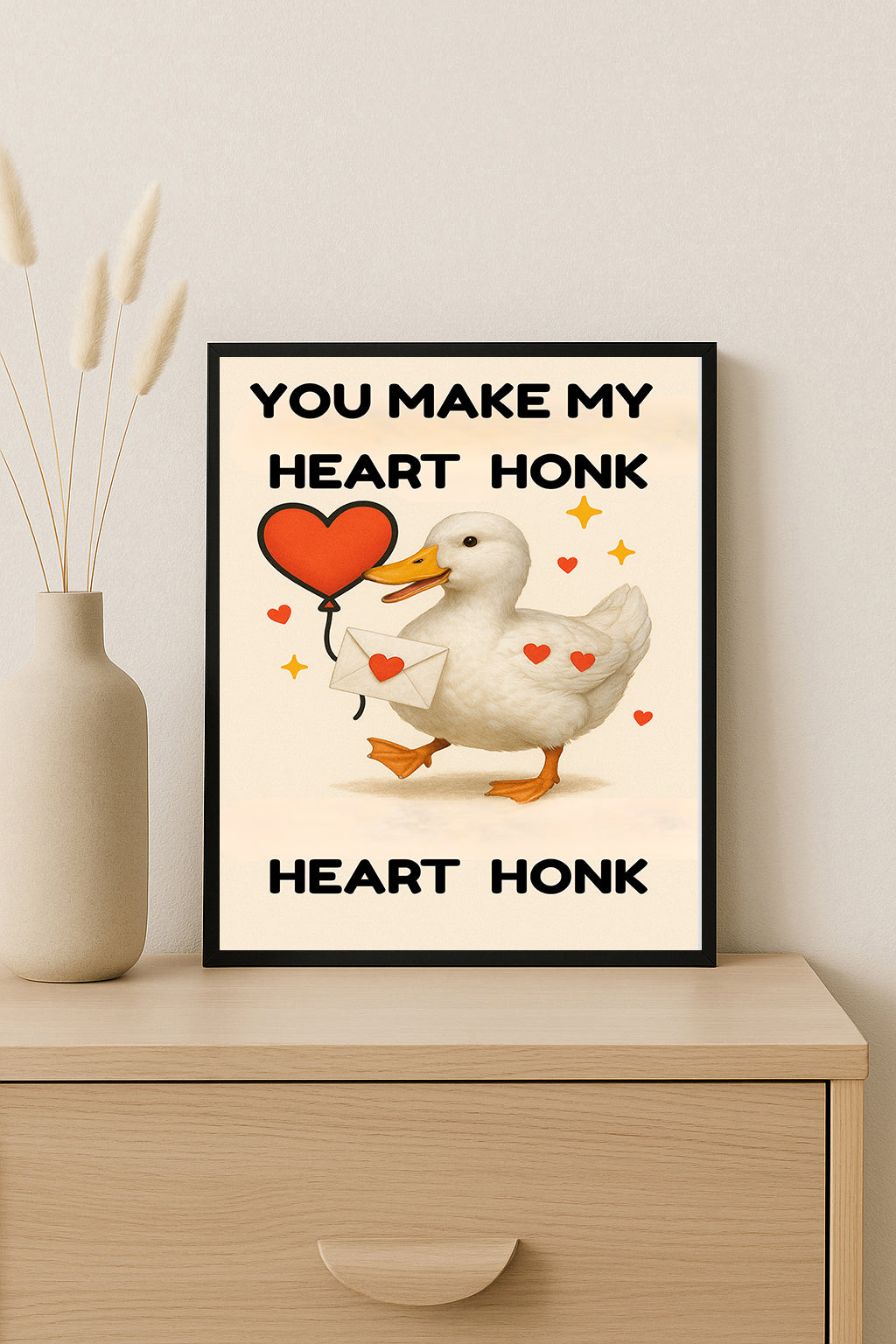 Heart Honk Duck Print  Cute Valentine Pun Art Funny Duck Wall Decor Animal Lover Gift Idea Romantic Cute Quote Poster