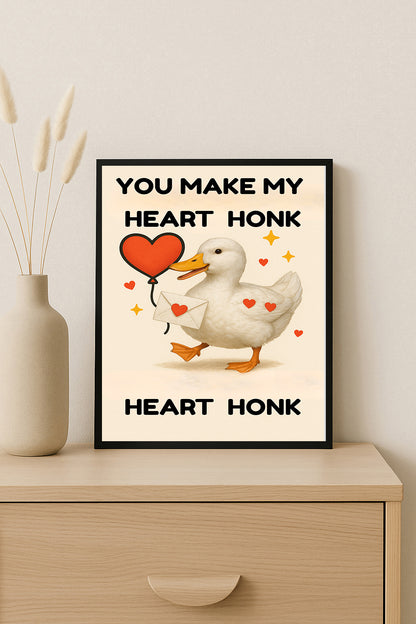 Heart Honk Duck Print  Cute Valentine Pun Art Funny Duck Wall Decor Animal Lover Gift Idea Romantic Cute Quote Poster