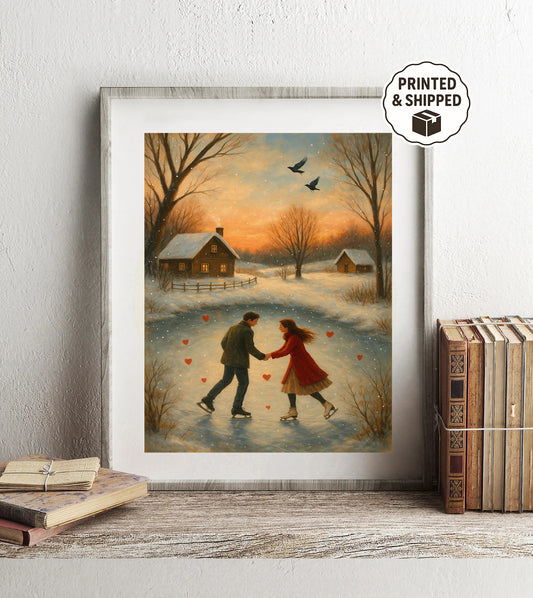 Romantic Ice Skating Couple Art Print  Winter Love Scene Wall Decor Cozy Cottagecore Painting Valentine’s Day Gift for Couples