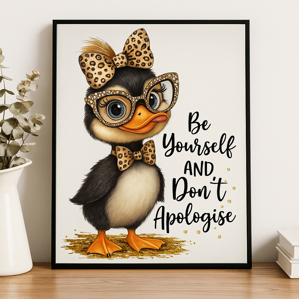 Be Yourself and Don’t Apologise Wall Art  Cute Duck Print  Leopard Bow Animal Decor Motivational Quote Gift for Women or Girls