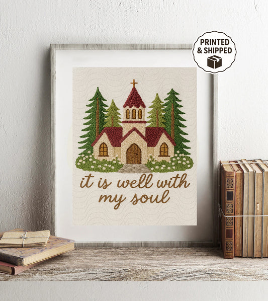 It Is Well With My Soul Wall Art Christian Home Decor Rustic Church Embroidery Print Faith Quote Wall Hanging for Living Room