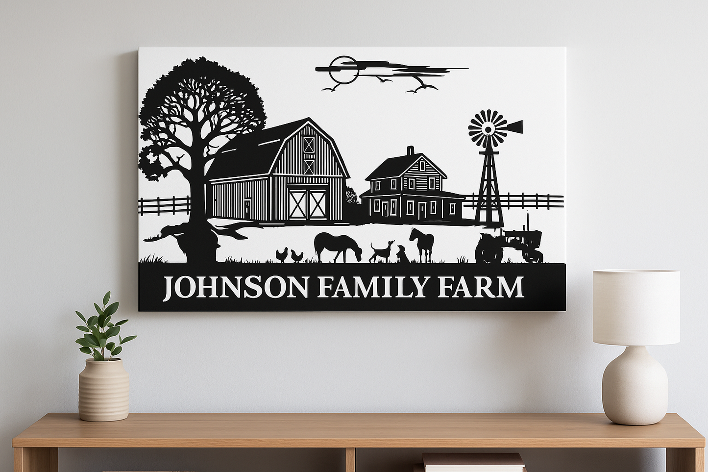 Family Farm Wall Art  Custom Name Farm Sign Country Home Decor Gift Black & White Farmhouse Wall Art