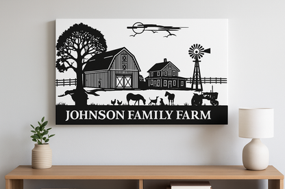 Family Farm Wall Art  Custom Name Farm Sign Country Home Decor Gift Black & White Farmhouse Wall Art
