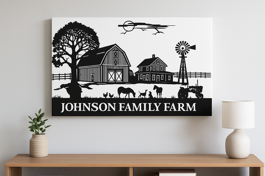 Family Farm Wall Art  Custom Name Farm Sign Country Home Decor Gift Black & White Farmhouse Wall Art