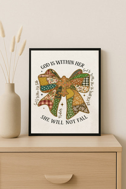 God Is Within Her She Will Not Fall Print  Psalm 46:5 Scripture Wall Art Patchwork Bow Christian Decor Inspirational Scripture Art