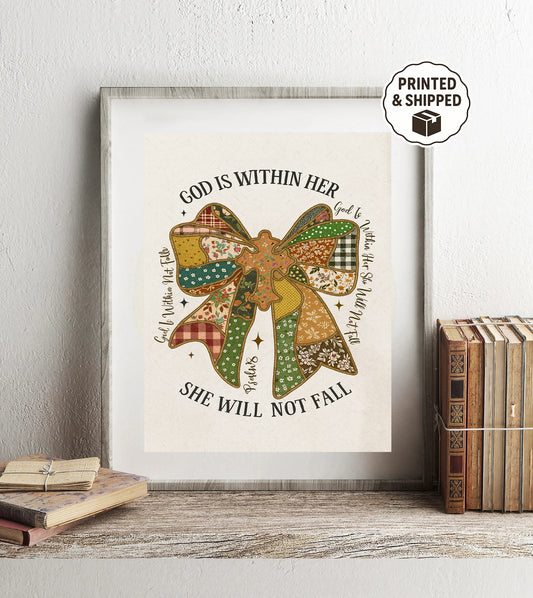 God Is Within Her She Will Not Fall Print  Psalm 46:5 Scripture Wall Art Patchwork Bow Christian Decor Inspirational Scripture Art