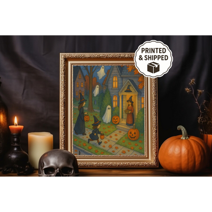 Spooky Halloween Fall Painting, Vintage Haunted House Wall Art, Kids Room Halloween Decor, Autumn Spooky Print