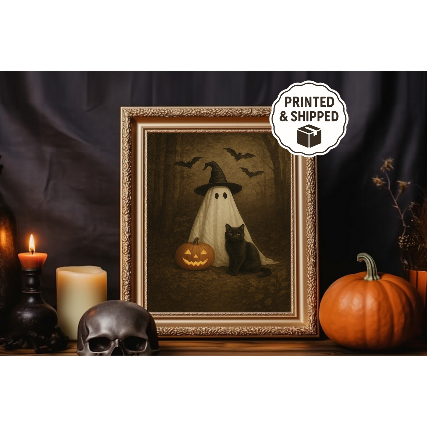 Cute Ghost and Black Cat in Dark Forest Wall Art,  Spooky Halloween Wall Art, PRINTABLE Vintage Halloween Print
