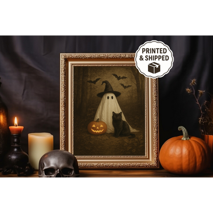 Cute Ghost and Black Cat in Dark Forest Wall Art,  Spooky Halloween Wall Art, PRINTABLE Vintage Halloween Print