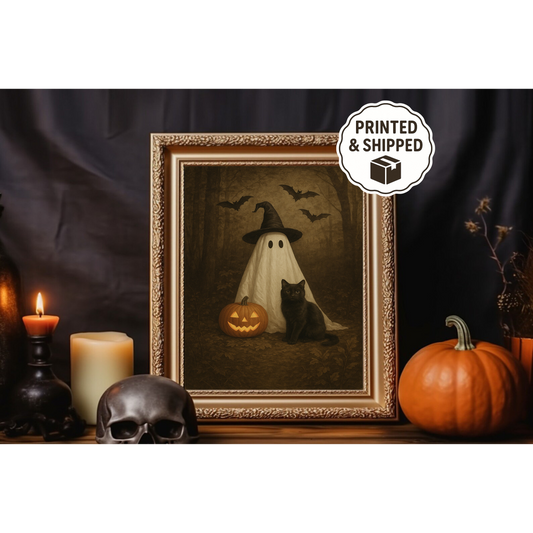Cute Ghost and Black Cat in Dark Forest Wall Art,  Spooky Halloween Wall Art, PRINTABLE Vintage Halloween Print
