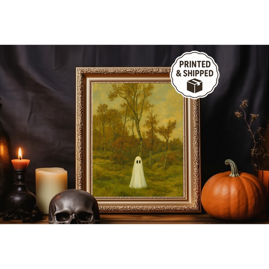 Vintage Halloween Ghost Art Print – Spooky Gothic Wall Decor, Haunted Forest Painting, Fall Home Decoration, Cottagecore Halloween Aesthetic