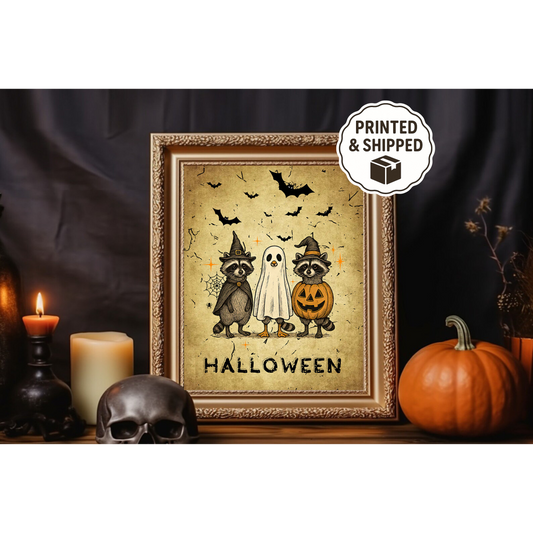 Cute Raccoon Halloween Art Print – Vintage Spooky Wall Decor, Ghost & Pumpkin Witch Illustration