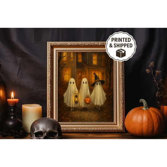 Vintage Ghost Trio Halloween Art Whimsical Spooky Wall Decor  Cute Ghost Kids Print Autumn Home Decor