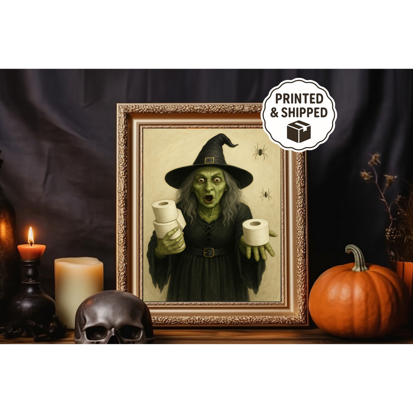 Funny Witch Halloween Art Toilet Paper Witch Print  Quirky Spooky Wall Decor  Gothic Humor Home Decor  Spooky Bathroom Decor
