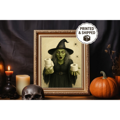 Funny Witch Halloween Art Toilet Paper Witch Print  Quirky Spooky Wall Decor  Gothic Humor Home Decor  Spooky Bathroom Decor