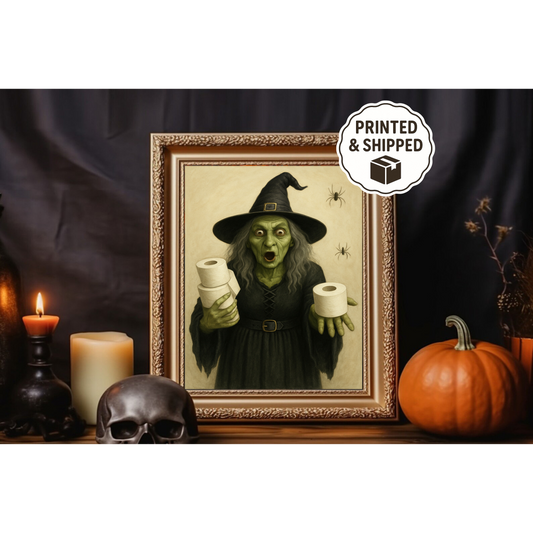 Funny Witch Halloween Art Toilet Paper Witch Print  Quirky Spooky Wall Decor  Gothic Humor Home Decor  Spooky Bathroom Decor