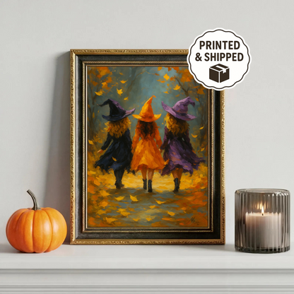 Witch Sisters in the Forest Halloween Wall Art Cozy Fall Witchcore Decor Autumn Witch Painting Spooky Season Print”