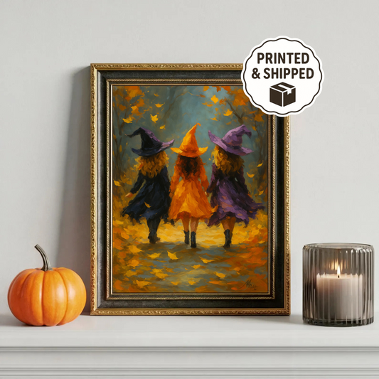 Witch Sisters in the Forest Halloween Wall Art Cozy Fall Witchcore Decor Autumn Witch Painting Spooky Season Print”