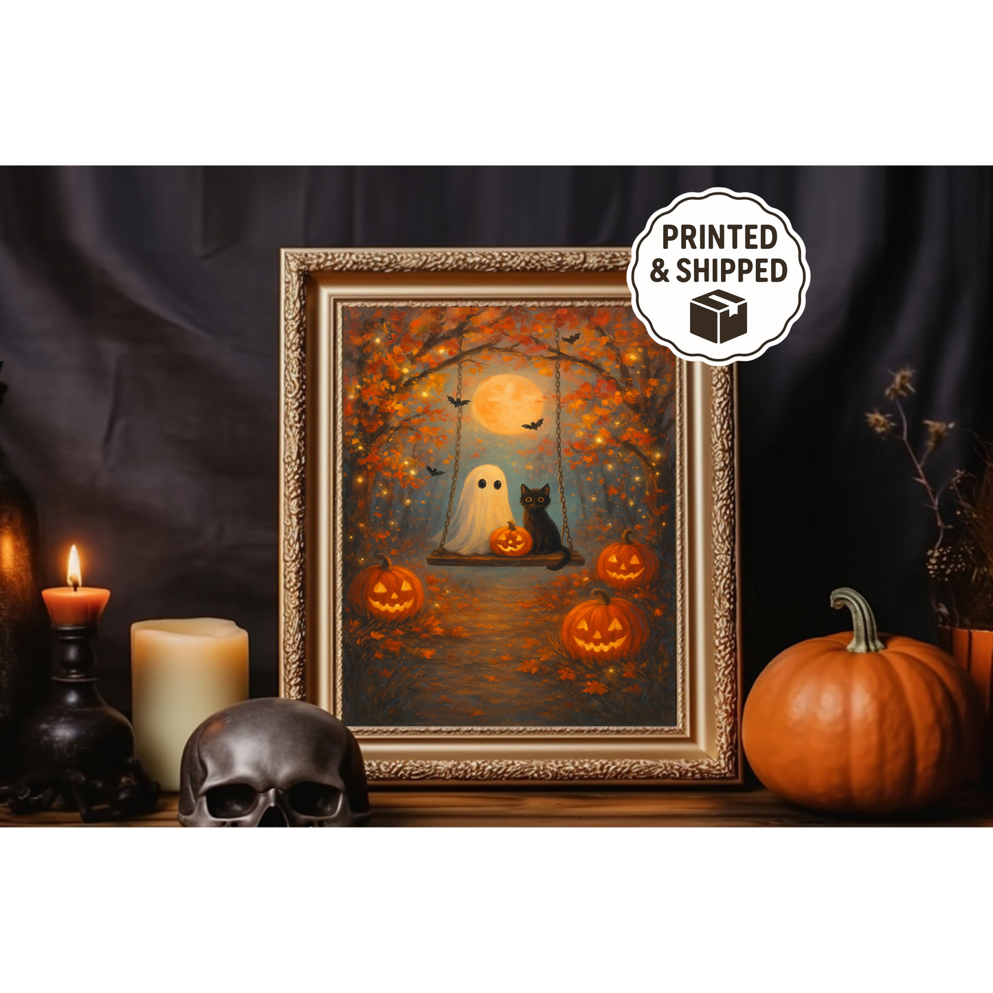 Cute Ghost and Black Cat Halloween Wall Art Spooky Pumpkin Cozy Fall Decor Autumn Night Artwork Witchy Home Decoration