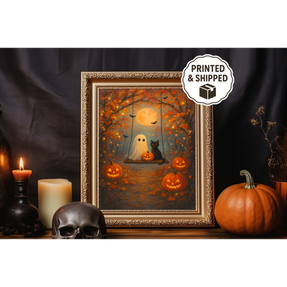 Cute Ghost and Black Cat Halloween Wall Art Spooky Pumpkin Cozy Fall Decor Autumn Night Artwork Witchy Home Decoration
