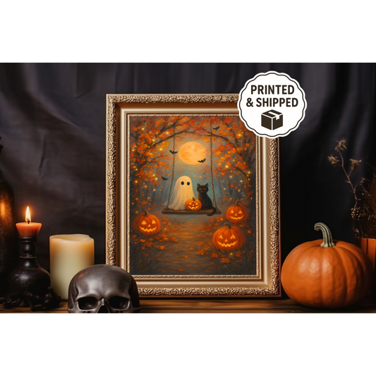 Cute Ghost and Black Cat Halloween Wall Art Spooky Pumpkin Cozy Fall Decor Autumn Night Artwork Witchy Home Decoration