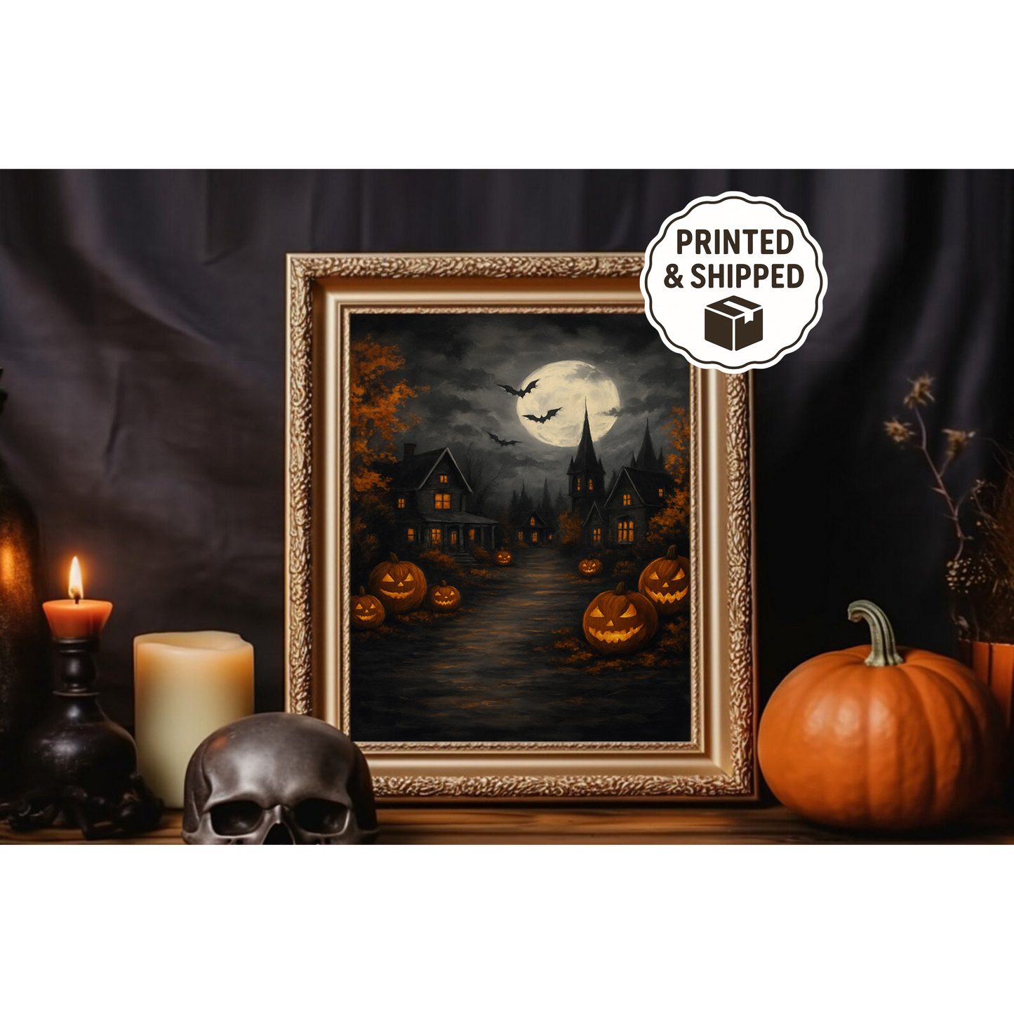 Haunted Halloween Town Art Print  Pumpkin Patch Night Canvas Gothic Moon Wall Decor Spooky Home Decoration Gift