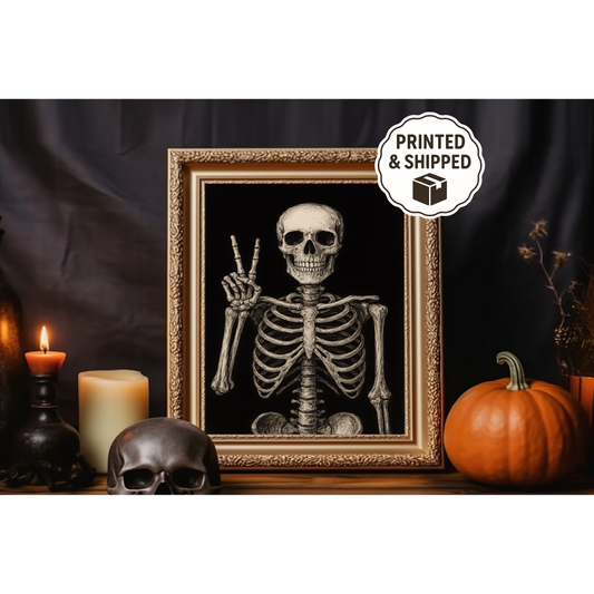 Peace Skeleton Halloween Wall Art Gothic Skull Print Spooky Home Decor Vintage Skeleton Poster Skeleton Art for Halloween