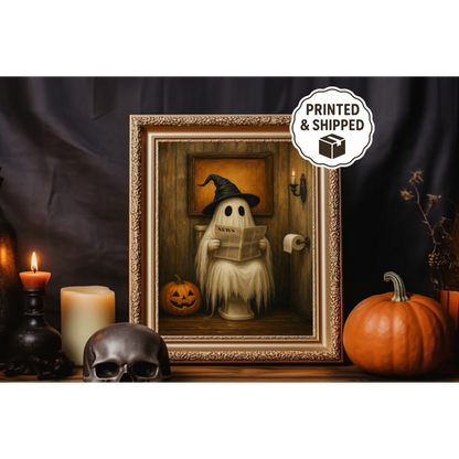 Funny Ghost Bathroom Art  Halloween Wall Decor  Spooky Witch Ghost Reading Newspaper Print