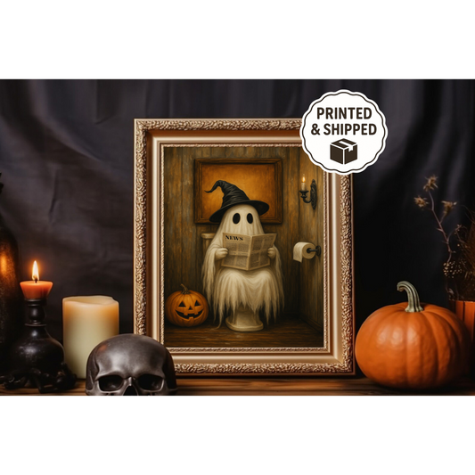 Funny Ghost Bathroom Art  Halloween Wall Decor  Spooky Witch Ghost Reading Newspaper Print