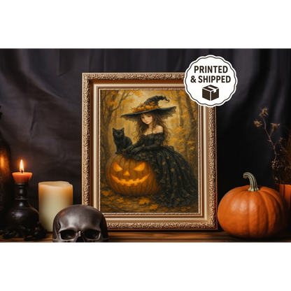 Halloween Witch Art Print Gothic Girl with Black Cat & Pumpkin Print Spooky Fall Wall Decor for Witchy Home
