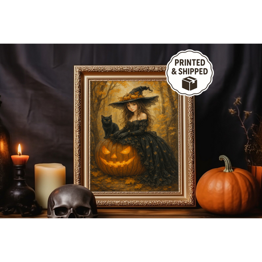 Halloween Witch Art Print Gothic Girl with Black Cat & Pumpkin Print Spooky Fall Wall Decor for Witchy Home