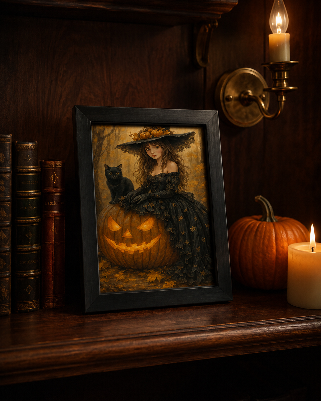 Vintage Halloween witch girl 8x10 print framed on moody walnut bookshelf with antique books, pumpkin and candlelight
