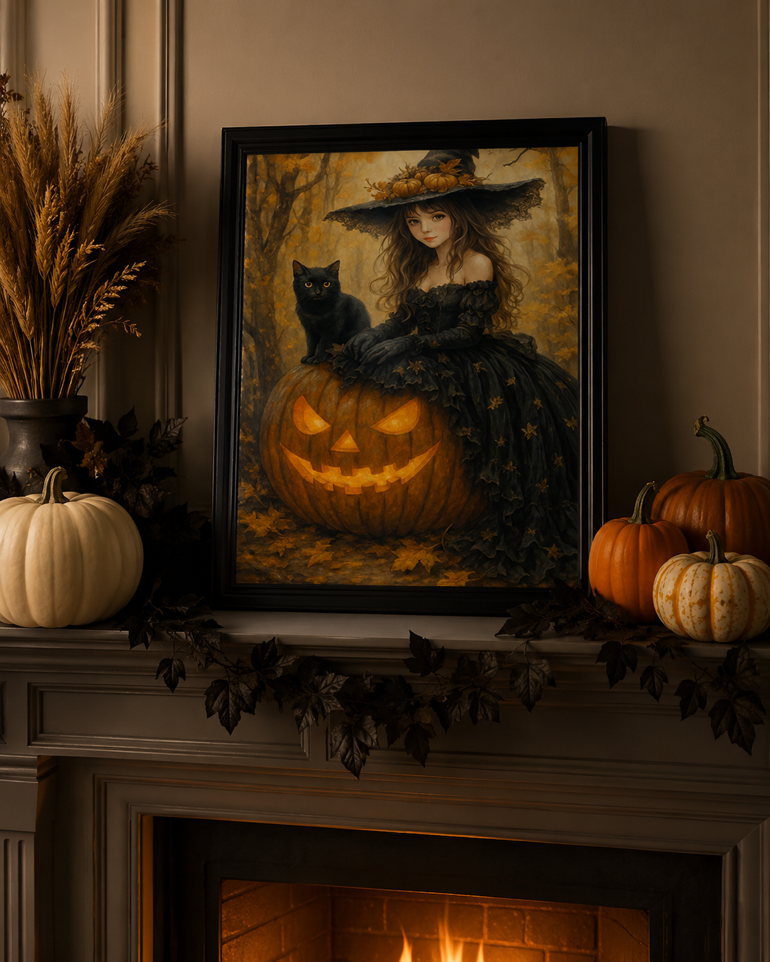 Halloween witch art print in black frame on Halloween mantel with pumpkins and fireplace glow