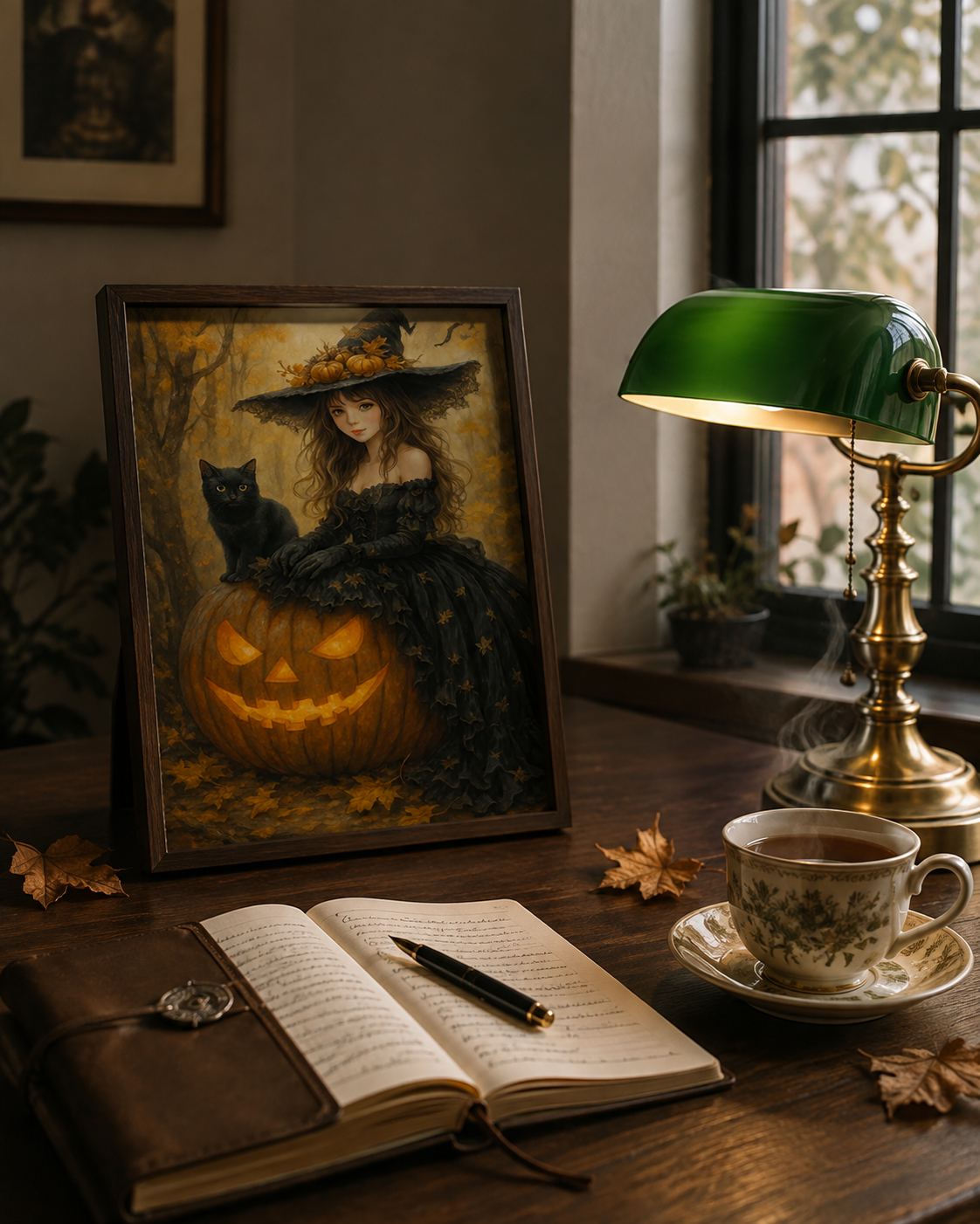 Halloween witch 8x10 print framed on walnut desk with brass banker's lamp, journal and teacup