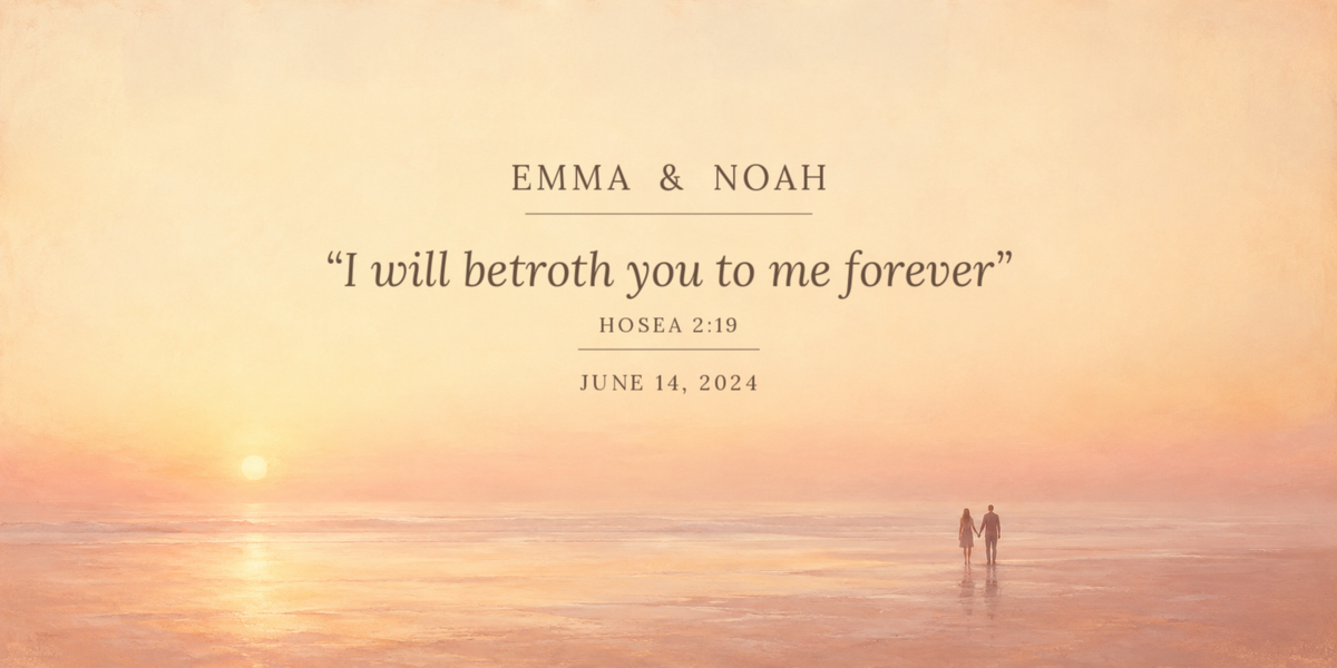 Promise ring canvas artwork - hazy sunset shoreline with a tiny couple, custom names, Hosea 2:19 and promise date