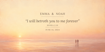 Promise ring canvas artwork - hazy sunset shoreline with a tiny couple, custom names, Hosea 2:19 and promise date