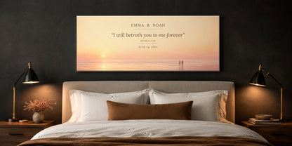 Personalized Hosea 2:19 promise ring canvas with custom couple names and date above the bed in a charcoal bedroom